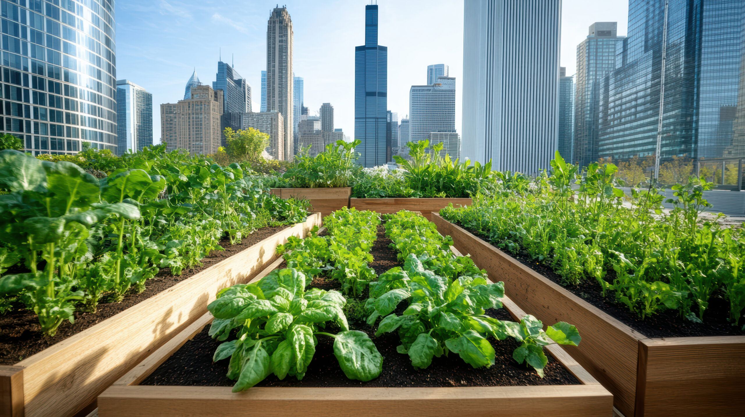 Urban garden with skyscrapers in background, showcasing fresh vegetables and greenery
