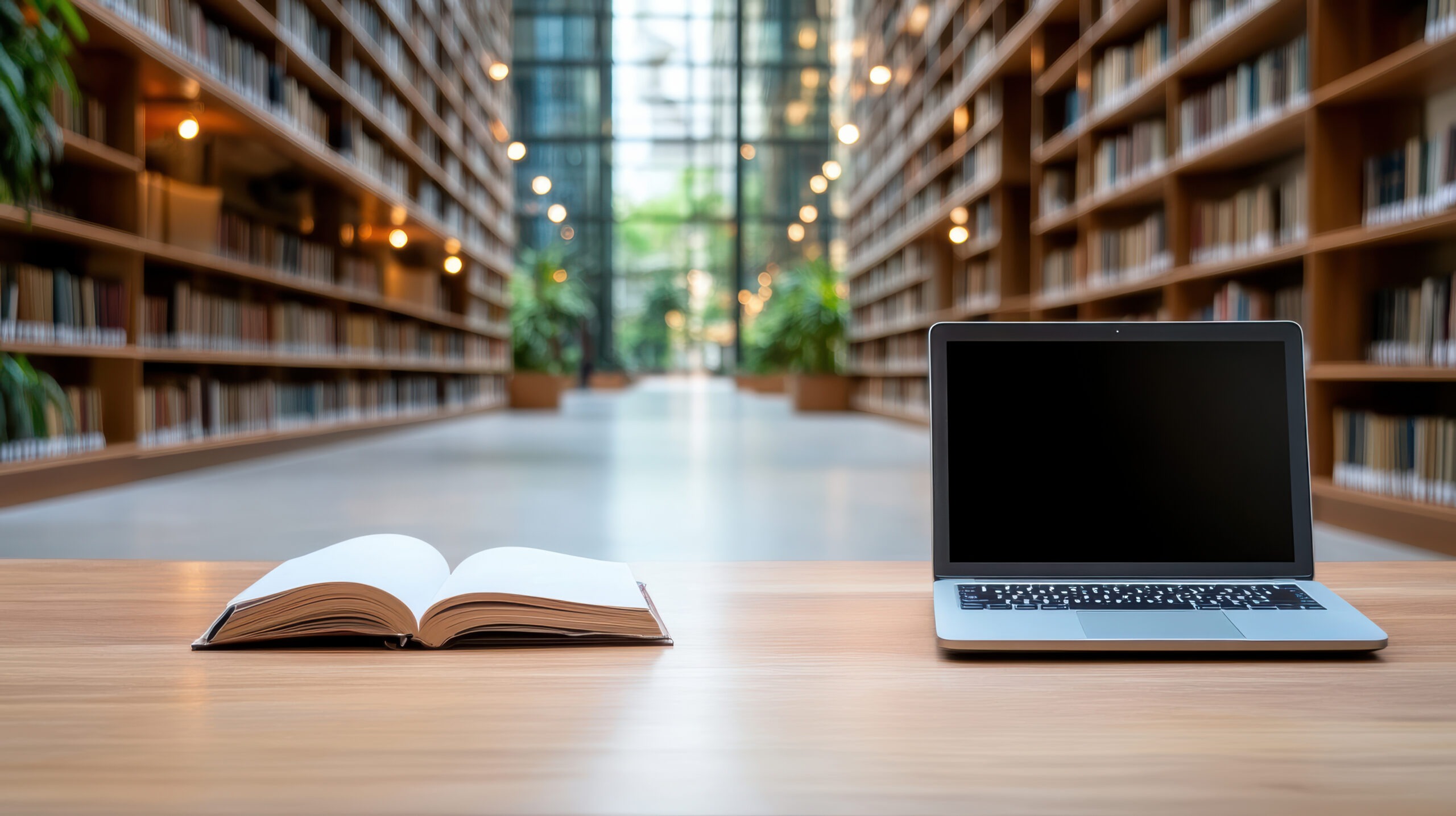 Serene library scene featuring open book and laptop wooden table, surrounded by tall bookshelves